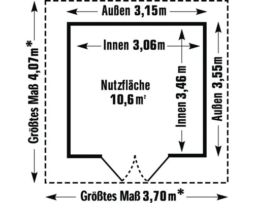 Grundriss mit Aussenmassen 3,15 Meter mal 3,55 Meter, grössten Massen 4,07 Meter mal 3,70 Meter, Innenmassen 3,06 Meter mal 3,46 Meter und einer Nutzfläche von 10,6 Quadratmetern