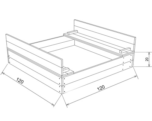 Illustration d''un potager surélevé avec des dimensions de 120 x 120 x 20 cm
