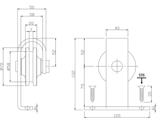 Schéma technique d''une ferrure de roulette de porte avec dimensions