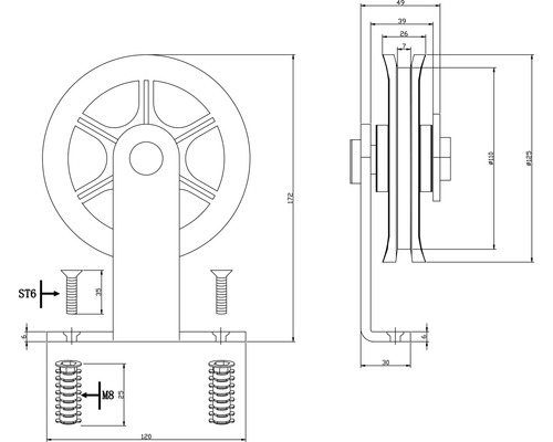 Dessin technique d''une ferrure de porte coulissante avec les dimensions