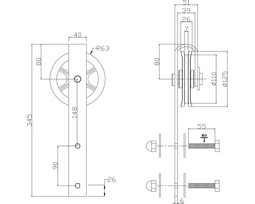 Dessin technique d''une ferrure de porte coulissante avec indication des dimensions