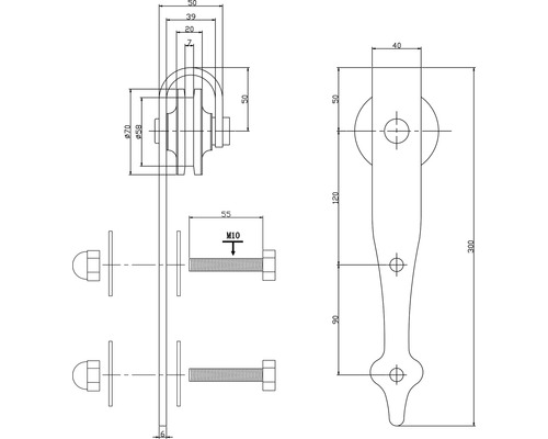 Schéma technique d''une penture de portail avec indications de dimensions
