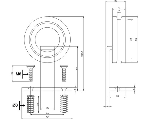 Technische Zeichnung eines Ringgriffs mit den Massen M6 und 8 Millimeter Durchmesser