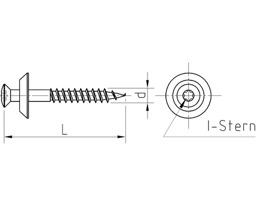Technische Zeichnung einer Schraube mit I-Stern-Antrieb und Abmessungsangaben