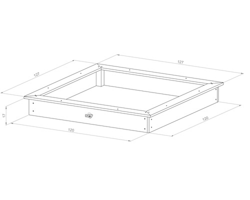 Schéma d''un bac à sable mesurant 127 x 127 x 17 centimètres