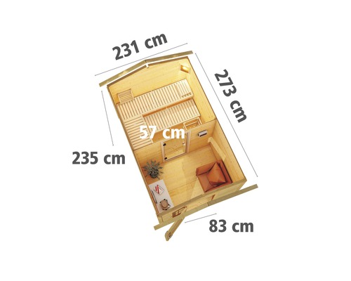 Vue de dessus d''un sauna avec les dimensions de la longueur et de la largeur