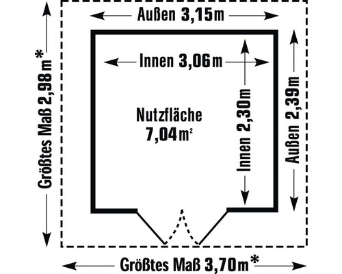 Grundrisszeichnung mit Aussenmassen, Innenmassen und Nutzfläche