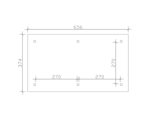 Dessin technique avec dimensions : longueur 656 mm, largeur 374 mm, distance entre les points de fixation 270 mm