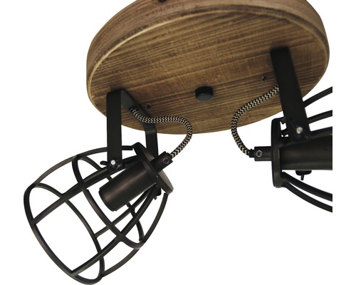 Plafonnier avec deux spots et abat-jour grillagés sur un support en bois