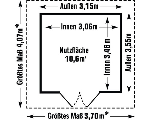 Grundrisszeichnung mit Aussenmassen 3,15 Meter mal 3,55 Meter, Innenmassen 3,06 Meter mal 3,46 Meter und einer Nutzfläche von 10,6 Quadratmetern