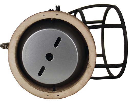 Vue détaillée d'une lampe avec anneau en bois et grille métallique