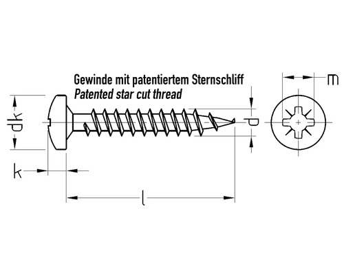 Technische Zeichnung einer Schraube mit patentiertem Sternschliff-Gewinde