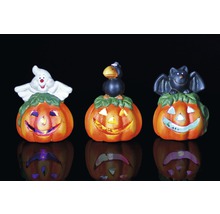 Drei Halloween Kürbislaternen mit Geist, Krähe und Fledermaus Dekorationen