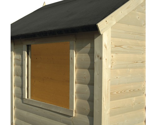 Vue détaillée d''un abri de jardin en bois avec fenêtre fermée et toit bitumé