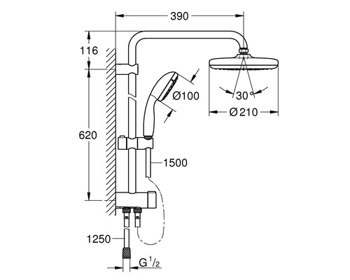 Schéma technique d''un système de douche avec dimensions