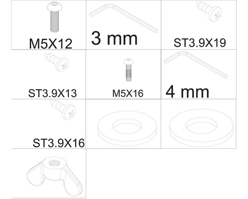 Image de différentes vis, rondelles et tailles de clés.