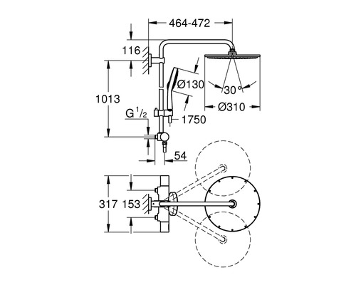 Technische Zeichnung einer Duscharmatur mit Maßangaben
