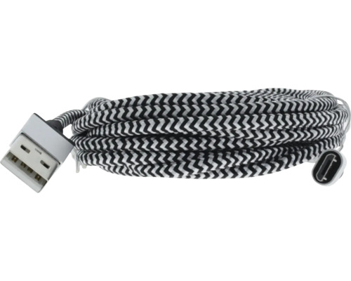 Câble de charge USB avec connecteur USB-A vers USB-C et gaine textile avec motif noir et blanc.