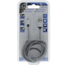 Câble micro-USB avec connecteur USB-A, longueur 2,5 mètres, gaine textile tressée noir et blanc, sous emballage blister.