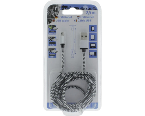 Câble micro-USB avec connecteur USB-A, longueur 2,5 mètres, gaine textile tressée noir et blanc, sous emballage blister.