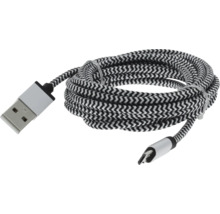 Câble de recharge USB avec gaine textile tressée, connecteur USB-A vers USB-C, motif zigzag noir et blanc.