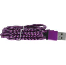 Câble de charge USB avec gaine textile tressée violette et noire et connecteur USB type A.