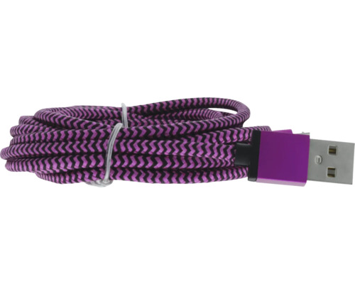 Câble de charge USB avec gaine textile tressée violette et noire et connecteur USB type A.