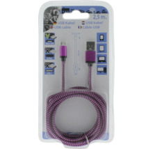 Câble USB avec connecteurs micro-USB et USB-A, longueur 2,5 mètres, gaine textile tressée, dans son emballage.