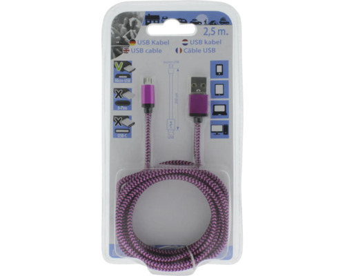 Câble USB avec connecteurs micro-USB et USB-A, longueur 2,5 mètres, gaine textile tressée, dans son emballage.