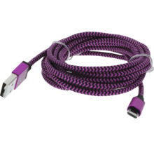 Câble de charge USB tressé en violet et noir avec connecteurs USB-A et micro-USB.