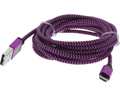 Câble de charge USB tressé en violet et noir avec connecteurs USB-A et micro-USB.