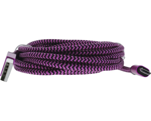 Câble de charge USB-A vers USB-C tressé violet et noir avec connecteurs métalliques.