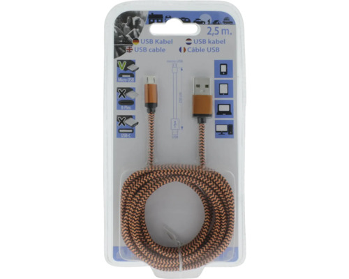 Câble USB d'une longueur de 2,5 mètres, USB-A vers Micro-USB, conception tressée, dans son emballage d'origine.