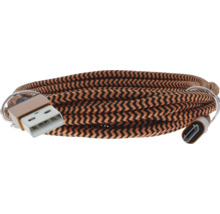 Câble de charge USB avec gaine en textile tressé noir et cuivre à motif zigzag, connecteur USB-A et port Micro-USB.