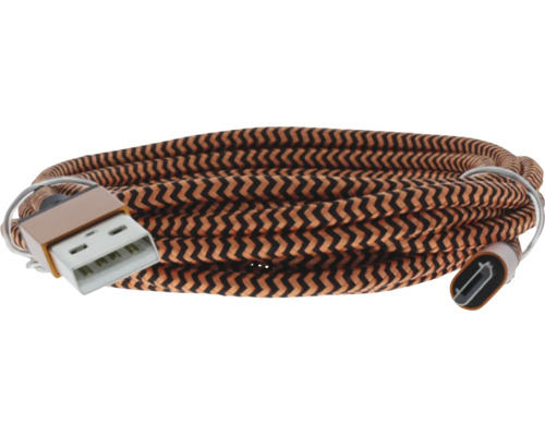 Câble de charge USB avec gaine en textile tressé noir et cuivre à motif zigzag, connecteur USB-A et port Micro-USB.