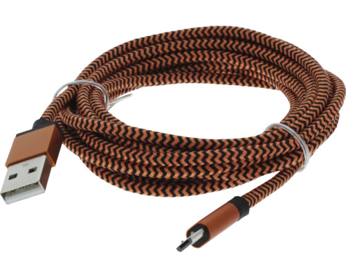 Câble USB tressé avec motif zigzag noir et cuivre, USB-A vers Micro-USB.