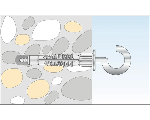 Illustration eines Dübels mit Haken in einer Wand