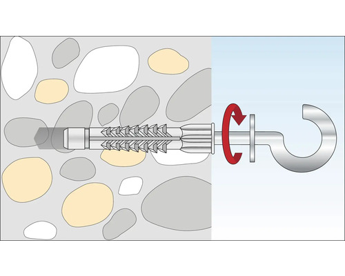 Illustration einer Schwerlastbefestigung mit Hakenschraube in einer Wand
