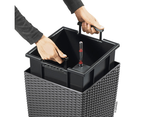 Une personne place un insert de plante avec un indicateur de niveau d''eau dans un pot de fleurs.