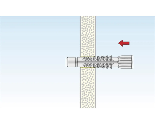 Illustration einer Dübelbefestigung in einer Wand mit einem roten Pfeil, der die Richtung anzeigt.