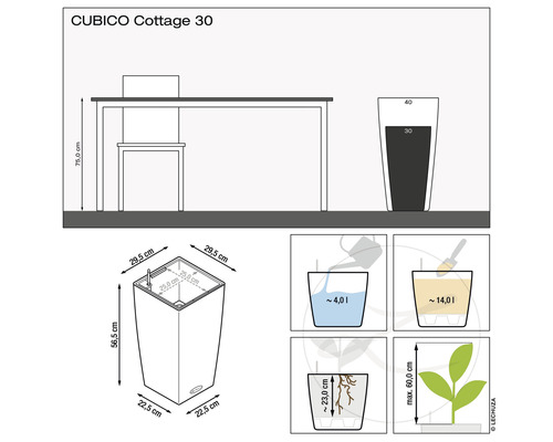 CUBICO Cottage 30 Pot de fleurs, indications de taille et quantités de remplissage