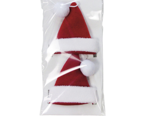 Zwei rote Weihnachtsmützen mit weißem Kunstfellbesatz in einer transparenten Verpackung.