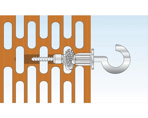Hohlraumdübel mit Schraube und Haken zur Befestigung in einer Lochplatte