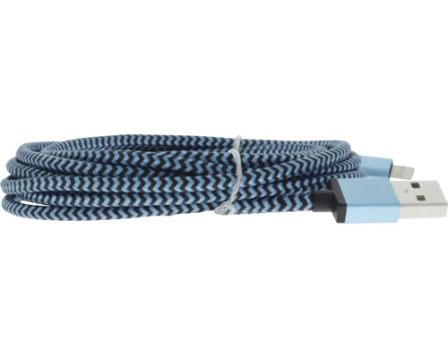 USB auf Lightning Ladekabel, textilummantelt mit blau-schwarz gestreiftem Muster, aufgerollt