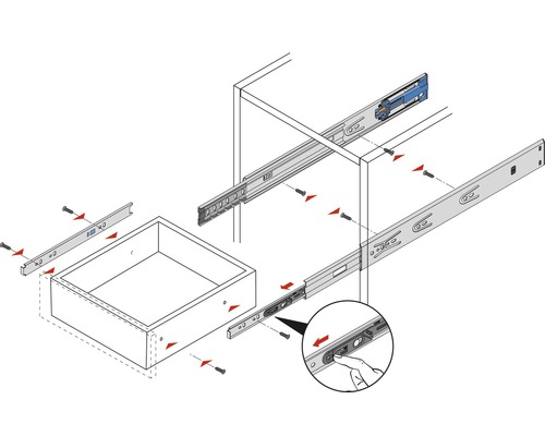 Illustration eines Schubladenauszugs mit Montageanleitung.
