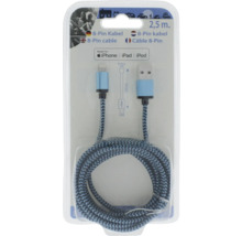 8-Pin auf USB-A Ladekabel, 2,5 Meter Länge, geflochtene Textilummantelung, kompatibel mit iPhone, iPad und iPod.
