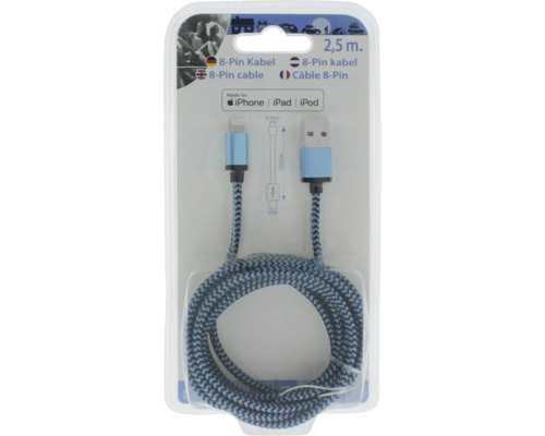 8-Pin auf USB-A Ladekabel, 2,5 Meter Länge, geflochtene Textilummantelung, kompatibel mit iPhone, iPad und iPod.