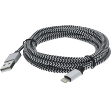 Geflochtenes Ladekabel in Schwarz und Weiß mit USB Typ A und Lightning Anschluss, Zickzack Muster.