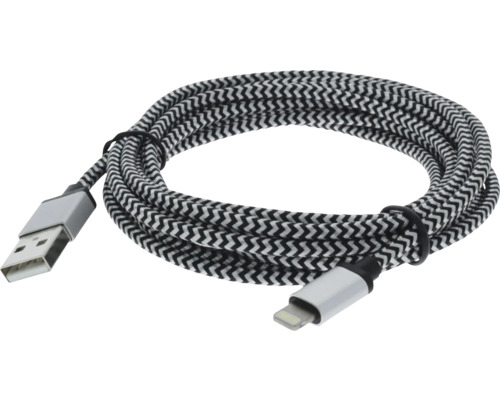 Geflochtenes Ladekabel in Schwarz und Weiß mit USB Typ A und Lightning Anschluss, Zickzack Muster.