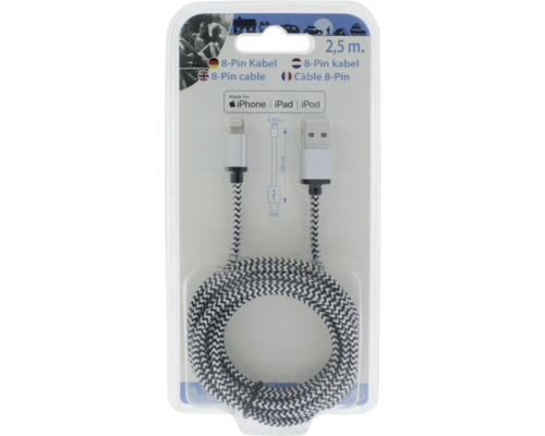 Geflochtenes 8-Pin zu USB-A Ladekabel für iPhone, iPad und iPod, Länge 2,5 Meter.